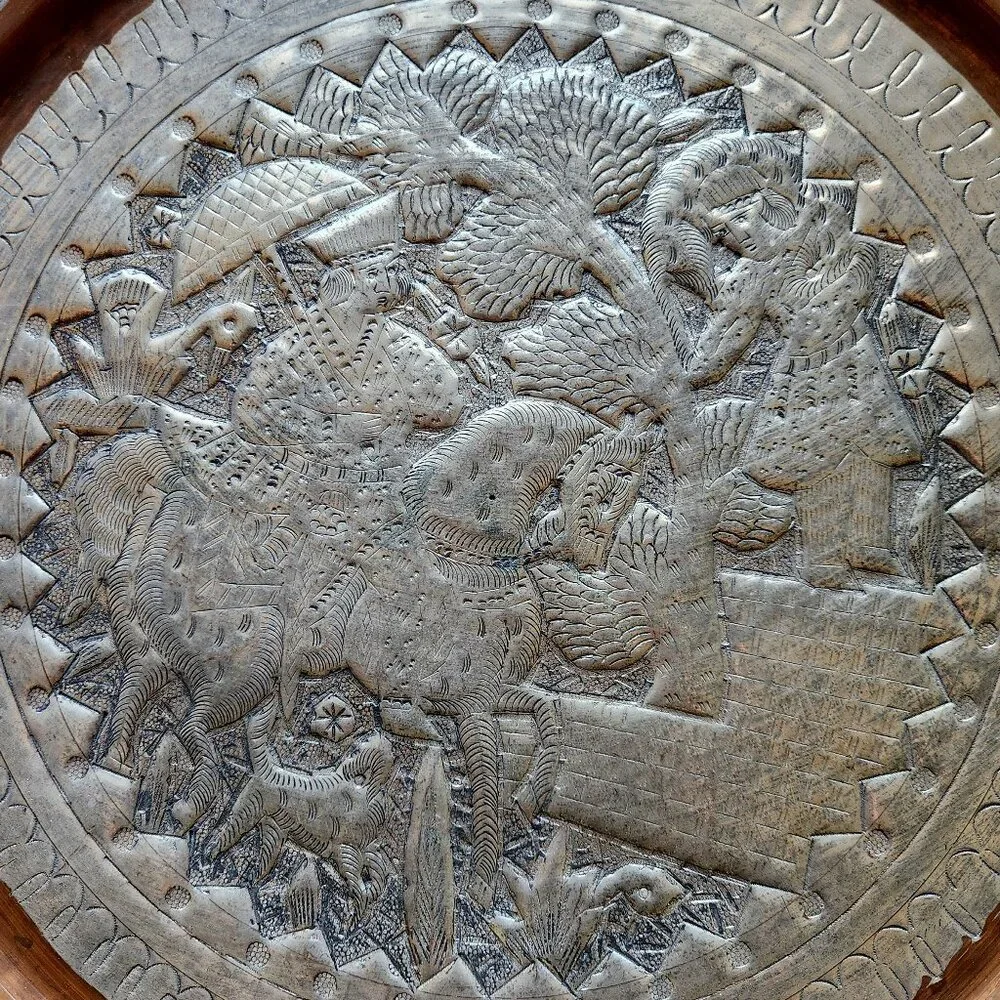 Persian Vintage Tooled Middle Eastern Hunting Scene Tin Metal Wall Plate